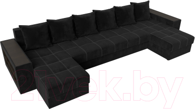 Диван П-образный Лига Диванов Дубай полки слева (велюр черный)