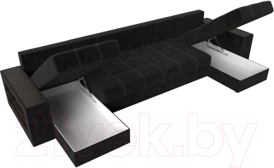 Диван П-образный Лига Диванов Дубай полки слева (велюр черный)