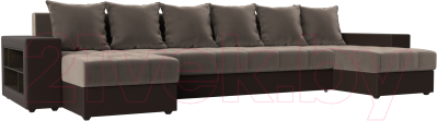Диван П-образный Лига Диванов Дубай полки слева (велюр коричневый/экокожа коричневый) - фото