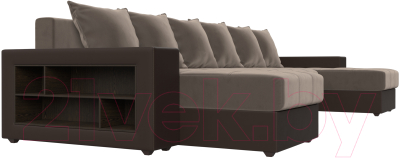 Диван П-образный Лига Диванов Дубай полки слева (велюр коричневый/экокожа коричневый)