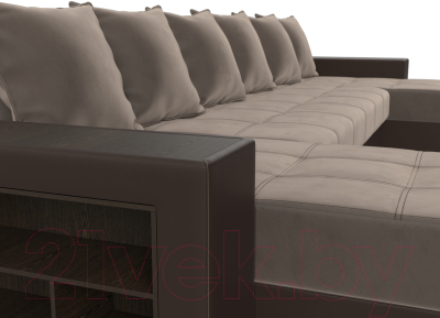 Диван П-образный Лига Диванов Дубай полки слева (велюр коричневый/экокожа коричневый)