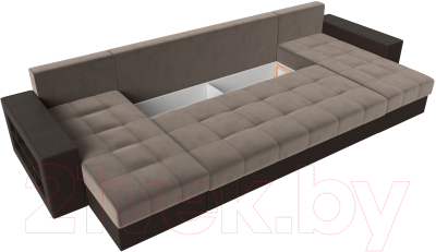Диван П-образный Лига Диванов Дубай полки слева (велюр коричневый/экокожа коричневый)