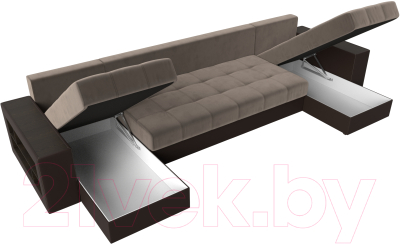 Диван П-образный Лига Диванов Дубай полки слева (велюр коричневый/экокожа коричневый)