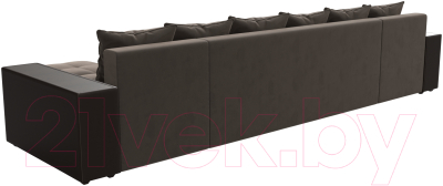 Диван П-образный Лига Диванов Дубай полки слева (велюр коричневый/экокожа коричневый)