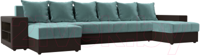 Диван П-образный Лига Диванов Дубай полки слева (велюр бирюзовый/экокожа коричневый) - фото