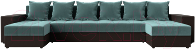 Диван П-образный Лига Диванов Дубай полки слева (велюр бирюзовый/экокожа коричневый)
