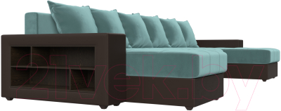 Диван П-образный Лига Диванов Дубай полки слева (велюр бирюзовый/экокожа коричневый)