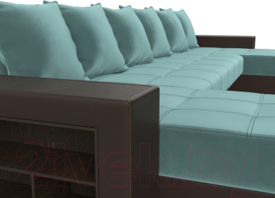 Диван П-образный Лига Диванов Дубай полки слева (велюр бирюзовый/экокожа коричневый)