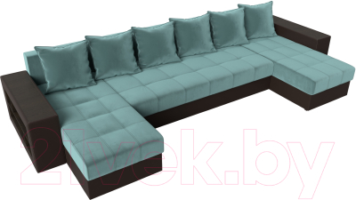 Диван П-образный Лига Диванов Дубай полки слева (велюр бирюзовый/экокожа коричневый)