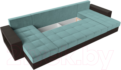 Диван П-образный Лига Диванов Дубай полки слева (велюр бирюзовый/экокожа коричневый)