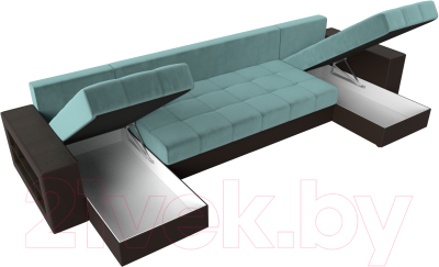 Диван П-образный Лига Диванов Дубай полки слева (велюр бирюзовый/экокожа коричневый)