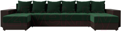 Диван П-образный Лига Диванов Дубай полки слева (велюр зеленый/экокожа коричневый)