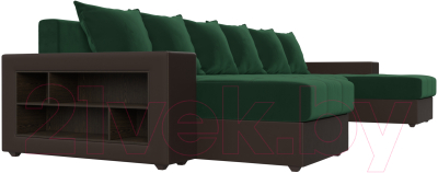 Диван П-образный Лига Диванов Дубай полки слева (велюр зеленый/экокожа коричневый)