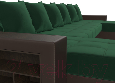 Диван П-образный Лига Диванов Дубай полки слева (велюр зеленый/экокожа коричневый)