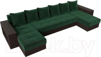 Диван П-образный Лига Диванов Дубай полки слева (велюр зеленый/экокожа коричневый)