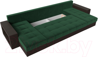 Диван П-образный Лига Диванов Дубай полки слева (велюр зеленый/экокожа коричневый)