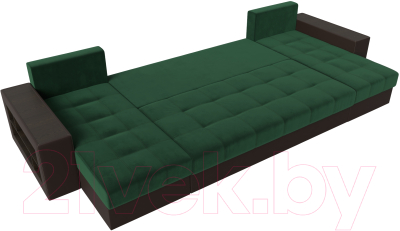 Диван П-образный Лига Диванов Дубай полки слева (велюр зеленый/экокожа коричневый)