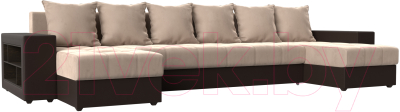 Диван П-образный Лига Диванов Дубай полки слева (велюр бежевый/экокожа коричневый) - фото