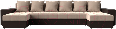 Диван П-образный Лига Диванов Дубай полки слева (велюр бежевый/экокожа коричневый)
