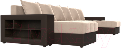 Диван П-образный Лига Диванов Дубай полки слева (велюр бежевый/экокожа коричневый)