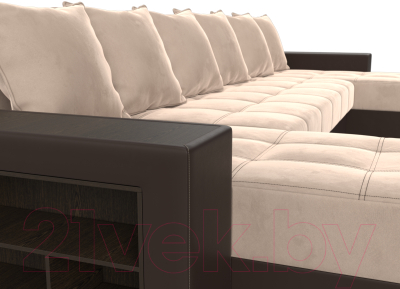 Диван П-образный Лига Диванов Дубай полки слева (велюр бежевый/экокожа коричневый)