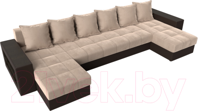 Диван П-образный Лига Диванов Дубай полки слева (велюр бежевый/экокожа коричневый)