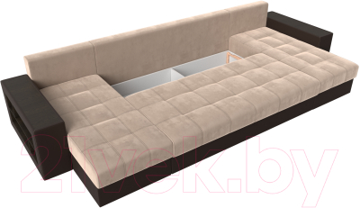 Диван П-образный Лига Диванов Дубай полки слева (велюр бежевый/экокожа коричневый)