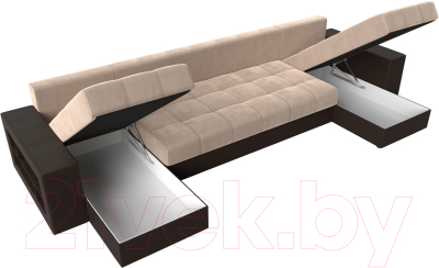 Диван П-образный Лига Диванов Дубай полки слева (велюр бежевый/экокожа коричневый)