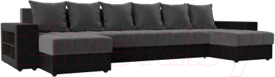 Диван П-образный Лига Диванов Дубай полки слева (велюр серый/экокожа черный) - фото