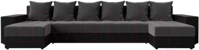 Диван П-образный Лига Диванов Дубай полки слева (велюр серый/экокожа черный)