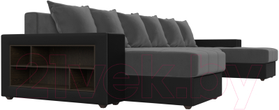 Диван П-образный Лига Диванов Дубай полки слева (велюр серый/экокожа черный)