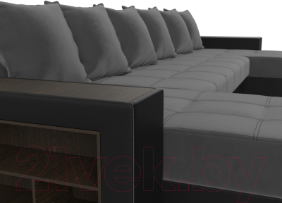 Диван П-образный Лига Диванов Дубай полки слева (велюр серый/экокожа черный)