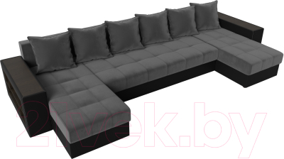 Диван П-образный Лига Диванов Дубай полки слева (велюр серый/экокожа черный)