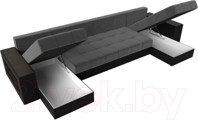 Диван П-образный Лига Диванов Дубай полки слева (велюр серый/экокожа черный)