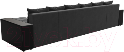 Диван П-образный Лига Диванов Дубай полки слева (велюр серый/экокожа черный)