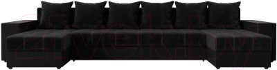 Диван П-образный Лига Диванов Дубай полки слева (велюр черный/экокожа черный)