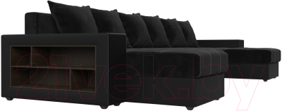 Диван П-образный Лига Диванов Дубай полки слева (велюр черный/экокожа черный)