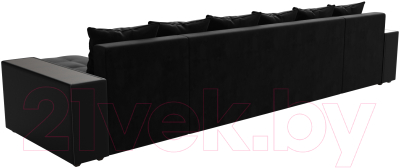 Диван П-образный Лига Диванов Дубай полки слева (велюр черный/экокожа черный)