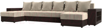 Диван П-образный Лига Диванов Дубай полки справа (микровельвет бежевый/экокожа коричневый) - фото