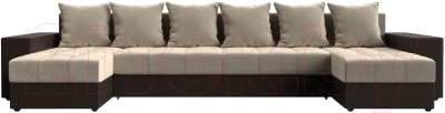 Диван П-образный Лига Диванов Дубай полки справа (микровельвет бежевый/экокожа коричневый)