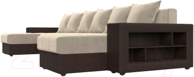 Диван П-образный Лига Диванов Дубай полки справа (микровельвет бежевый/экокожа коричневый)