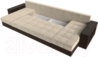 Диван П-образный Лига Диванов Дубай полки справа (микровельвет бежевый/экокожа коричневый)