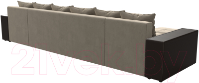 Диван П-образный Лига Диванов Дубай полки справа (микровельвет бежевый/экокожа коричневый)