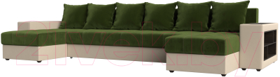 Диван П-образный Лига Диванов Дубай полки справа (микровельвет зеленый/экокожа бежевый) - фото
