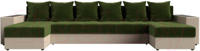 Диван П-образный Лига Диванов Дубай полки справа (микровельвет зеленый/экокожа бежевый)