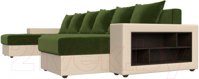 Диван П-образный Лига Диванов Дубай полки справа (микровельвет зеленый/экокожа бежевый)