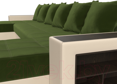 Диван П-образный Лига Диванов Дубай полки справа (микровельвет зеленый/экокожа бежевый)