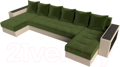 Диван П-образный Лига Диванов Дубай полки справа (микровельвет зеленый/экокожа бежевый)