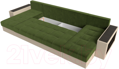Диван П-образный Лига Диванов Дубай полки справа (микровельвет зеленый/экокожа бежевый)