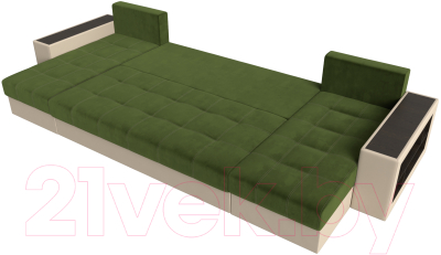 Диван П-образный Лига Диванов Дубай полки справа (микровельвет зеленый/экокожа бежевый)